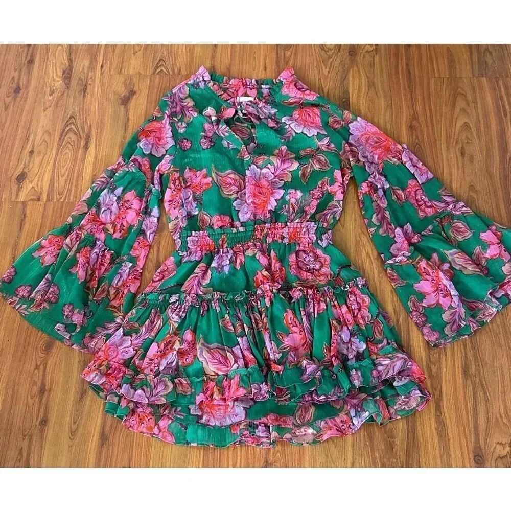 Misa Los Angeles green pink floral BoHo long sleeve mini dress M